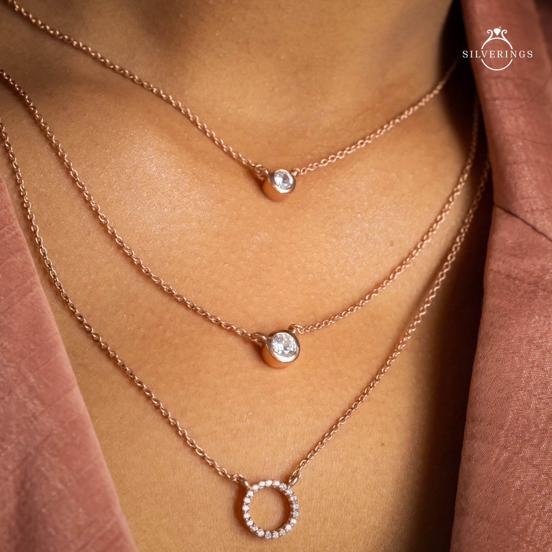 Silverings 925 Sterling Silver 3-Tier Solitaire Zircon Necklace