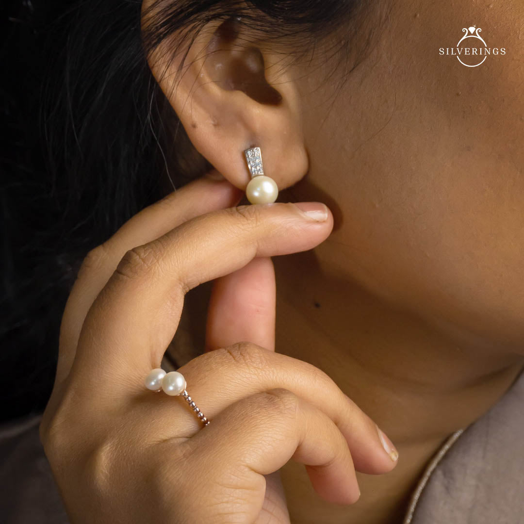 Classy Sassy Pearl Silver Zircon Earrings - Silverings