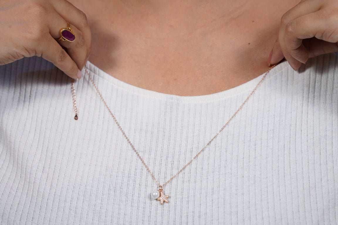 SILVERINGS 925 STERLING STARFISH PEARL ROSE GOLD NECKLACE - Silverings