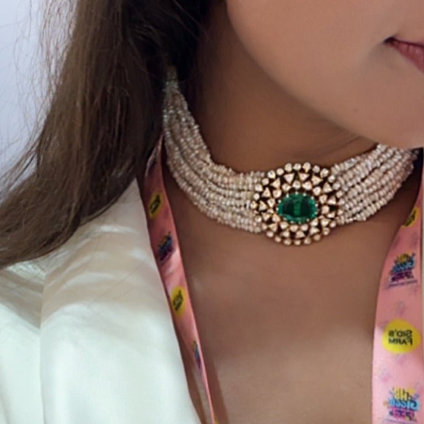 Emerald Moissanite Pearl Choker - Silverings