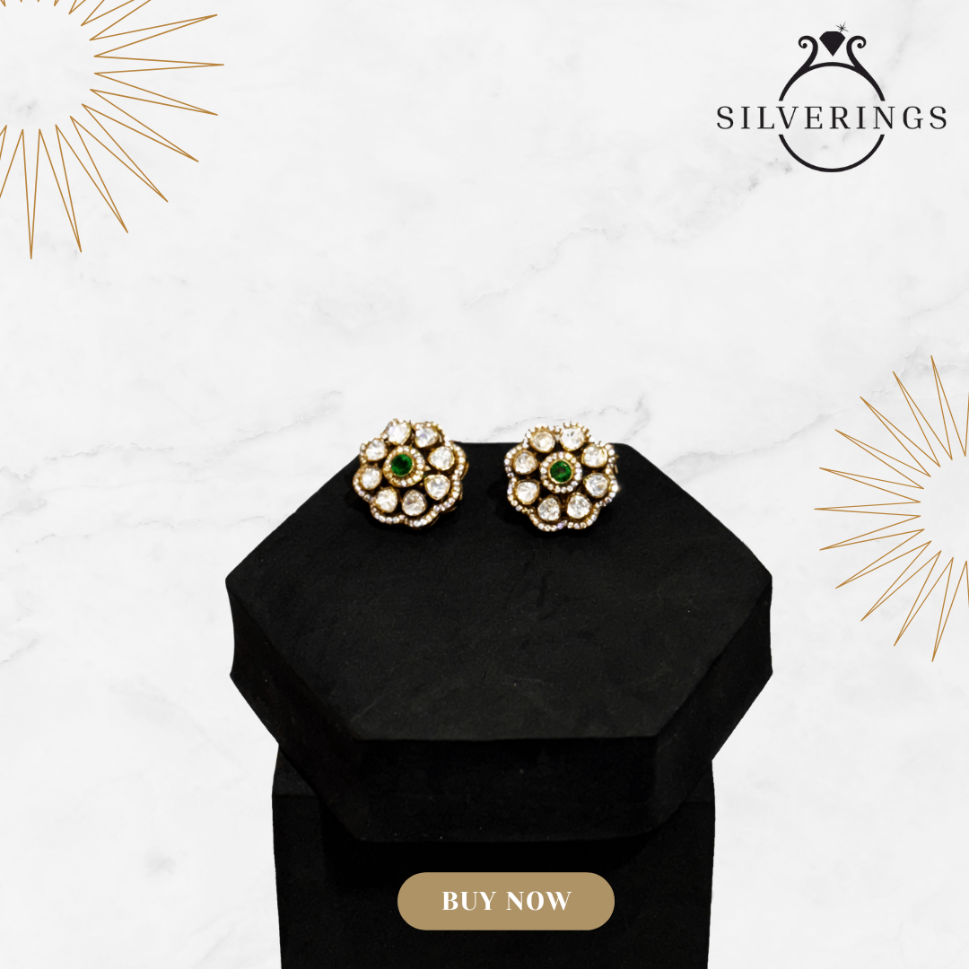 Floral Moissanite Studs with Emerald Center - Silverings