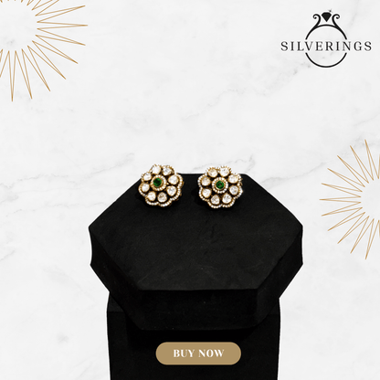 Floral Moissanite Studs with Emerald Center - Silverings