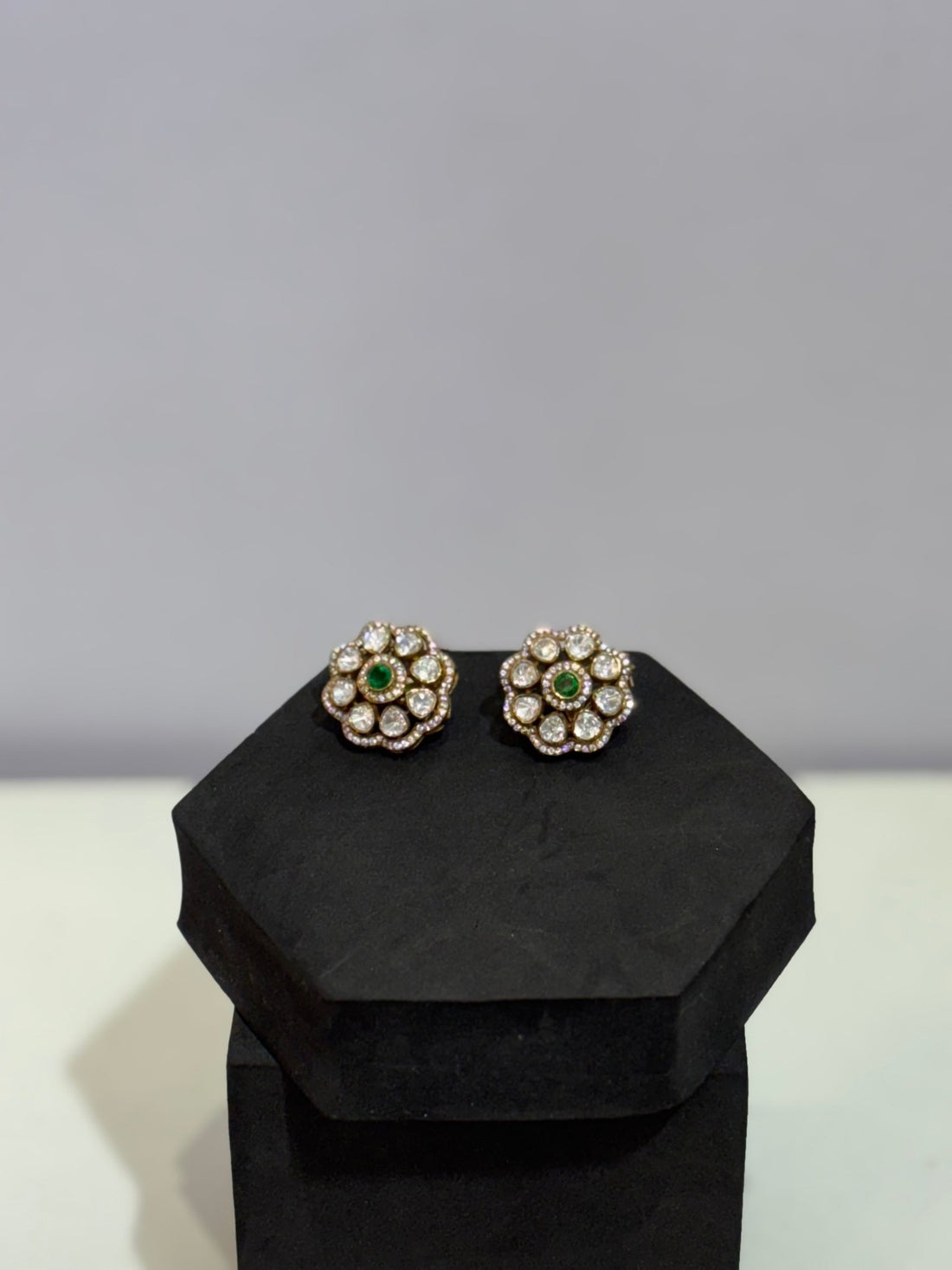 Floral Moissanite Studs with Emerald Center - Silverings